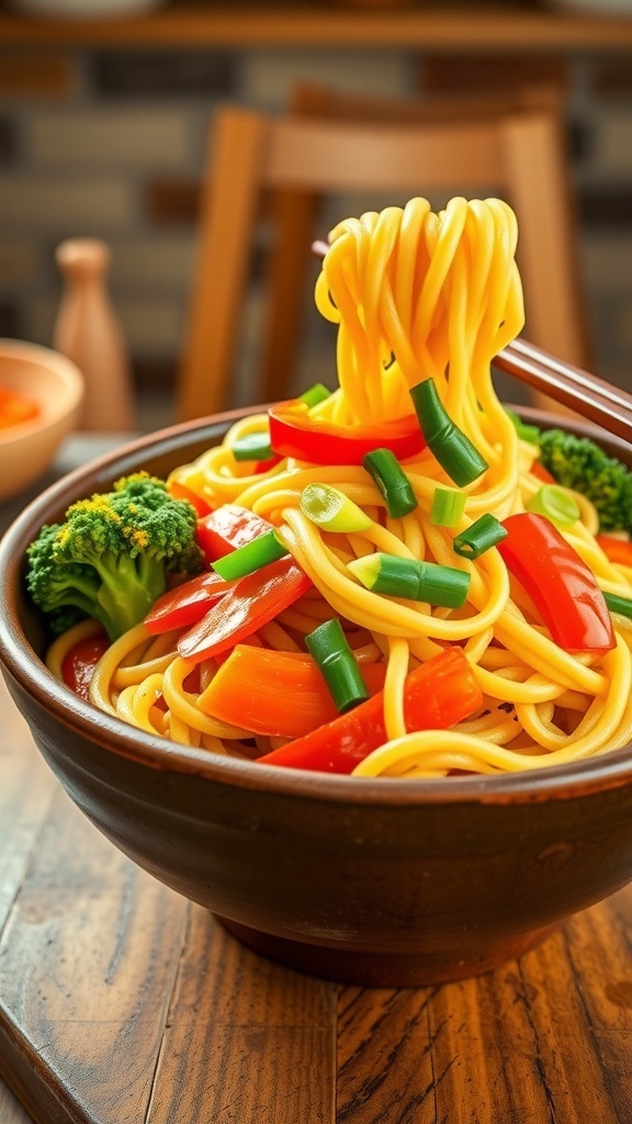 Kung Fu Panda Noodles Recipe A bowl of colorful Kung Fu Panda noodles with vegetables and green onions, served with chopsticks.